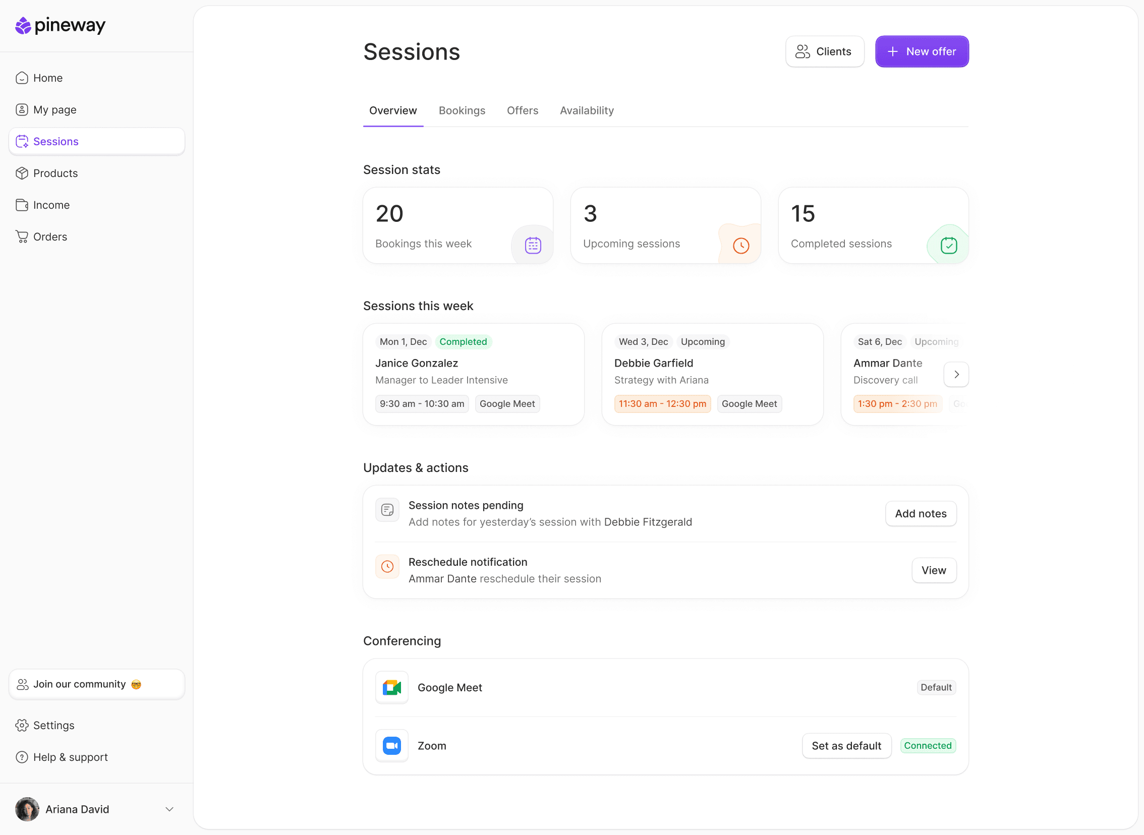 Pineway dashboard — Sessions overview